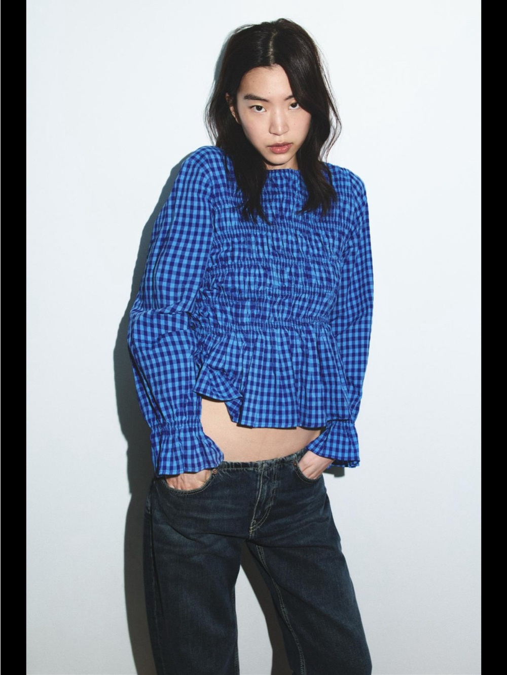 Zara Elastic Gingham Peplum Blouse